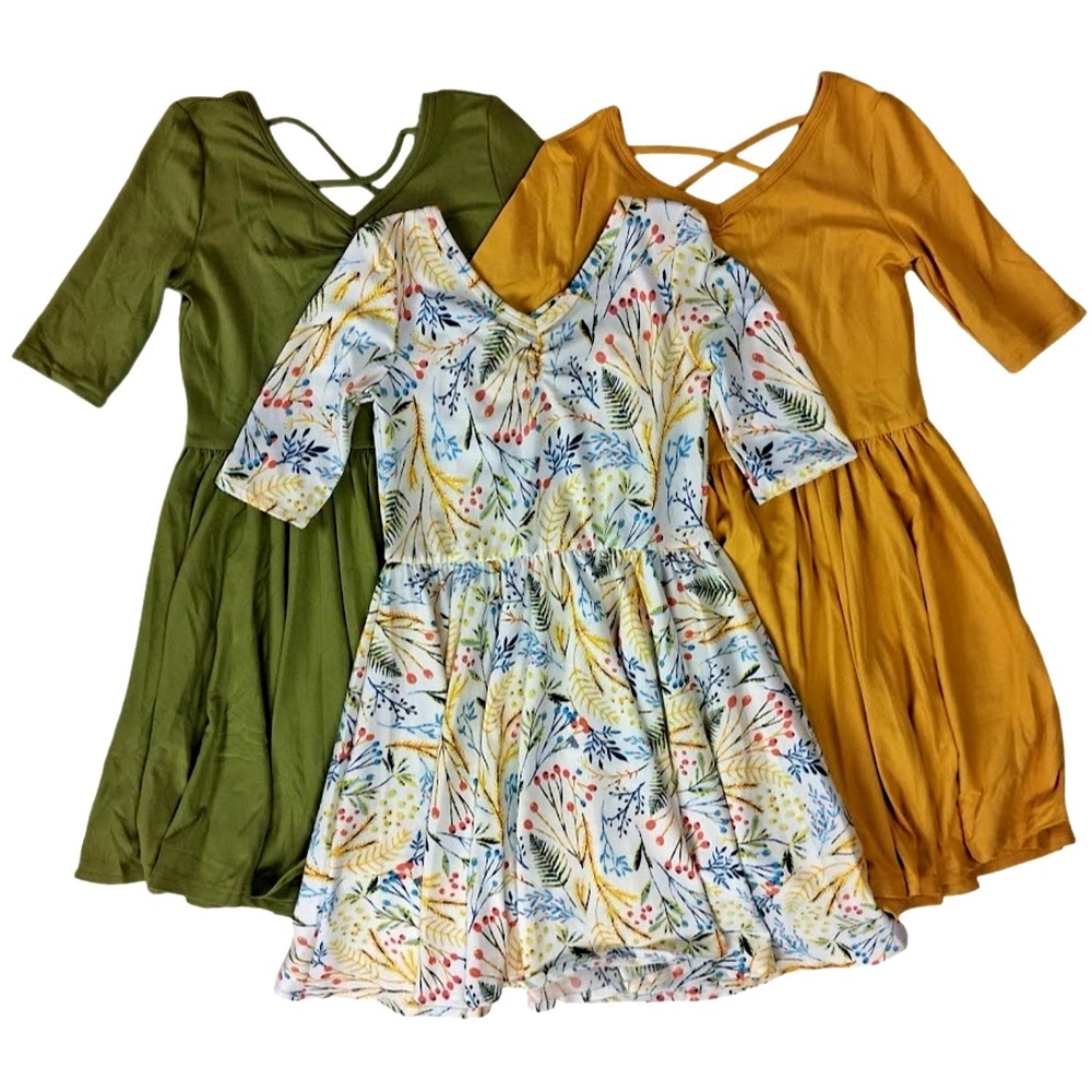 Dot Smile Girls 7 Ballerina Twirl Dress Lot 3/4 Sleeve V-Neck 3pc NWT